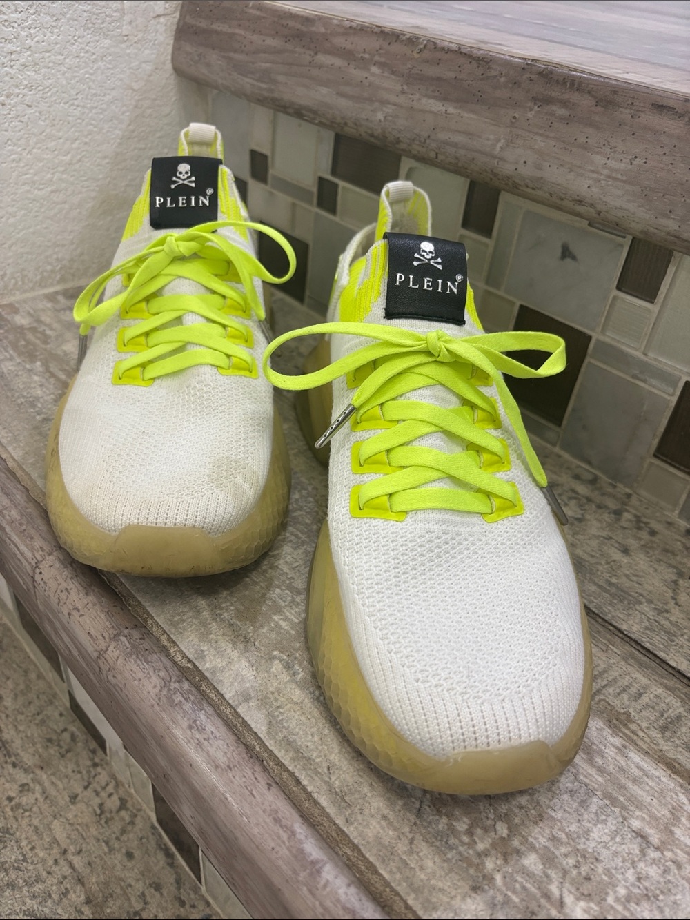 Philipp Plein White Knit Sneakers with Neon Yellow Accents